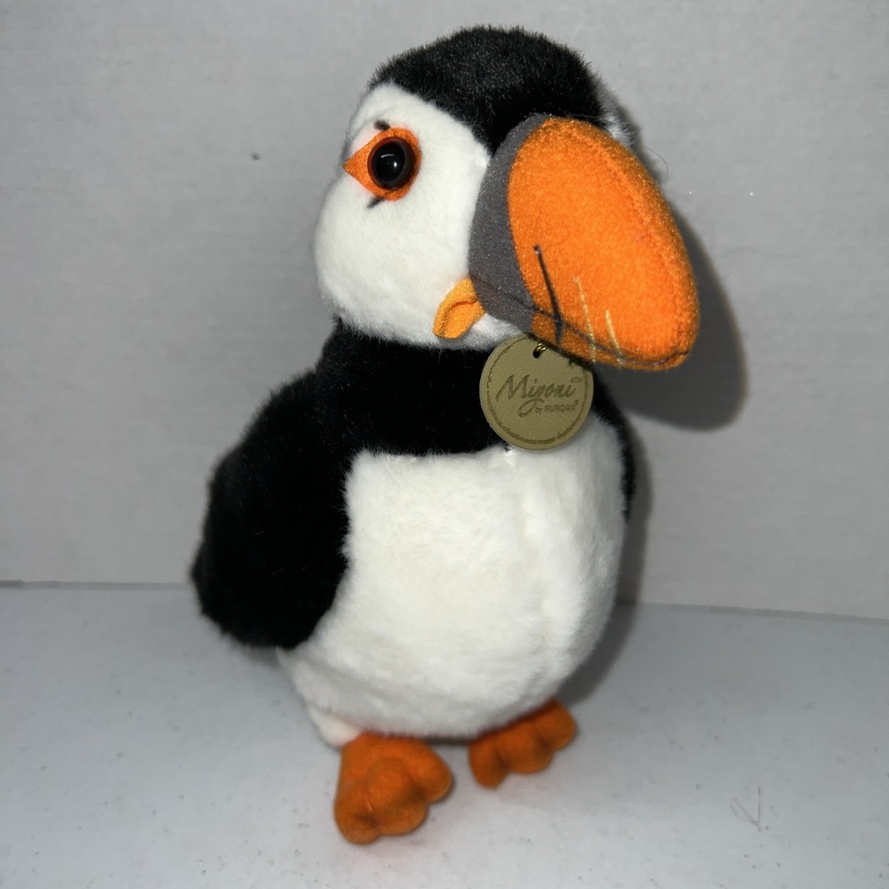 Miyoni Aurora Puffin Bird Plush Realistic Stuffed Animal 9" Toy Black And White